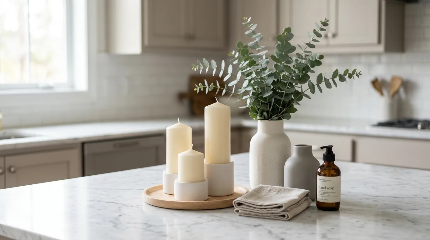 Marble countertop with candles and ceramic vases. Eucalyptus branches, neutral tones, and diffused light.