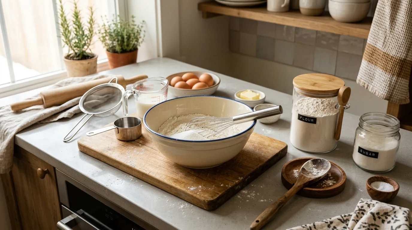 Light gray kitchen counter with baking setup. Mixing bowls, whisk, flour jar, and warm natural light.
