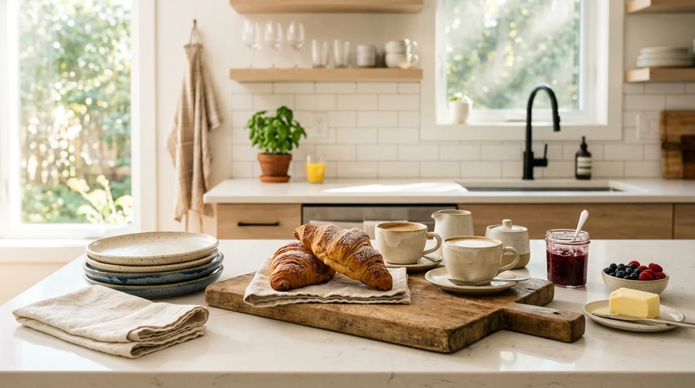 Modern kitchen counter with breakfast setup. Ceramic plates, croissants, coffee cups, and linen napkin in morning light.