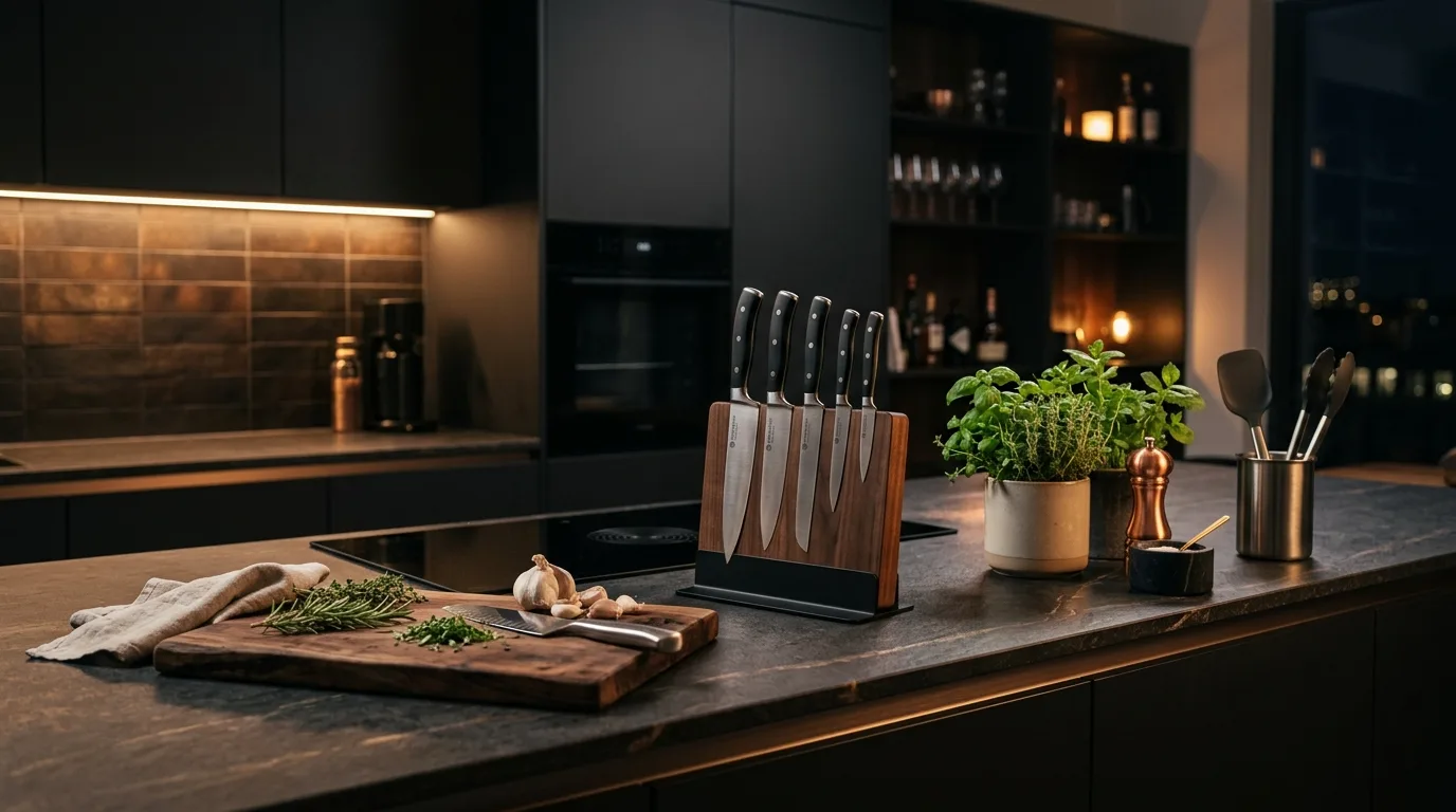 Dark stone kitchen counter with metallic accents. Knife block, cutting board, herb planter, and moody lighting.