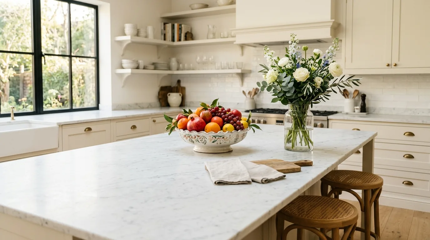 White marble island counter with fruit bowl and flowers. Seasonal fruit, tall glass vase, and warm natural light.
