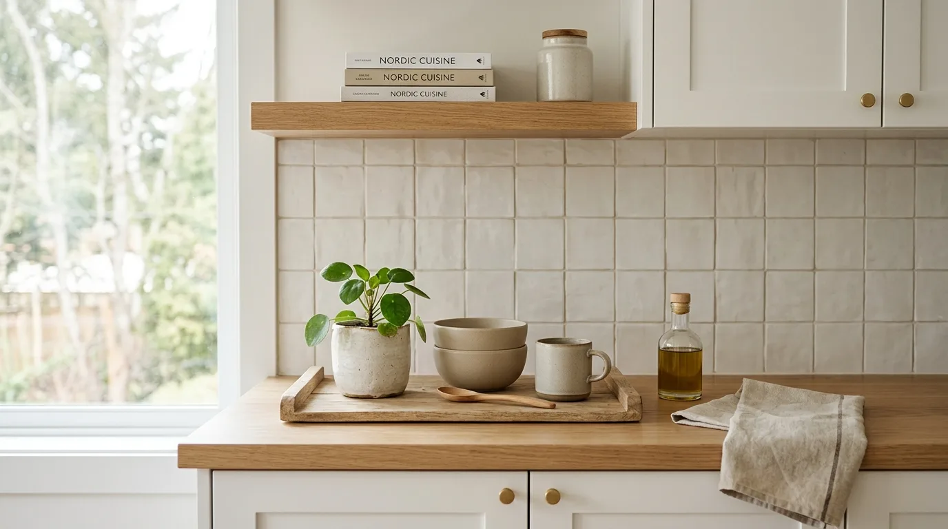 Minimal Scandinavian kitchen counter decor. Neutral ceramics, wooden tray, indoor plant, and bright diffused daylight.