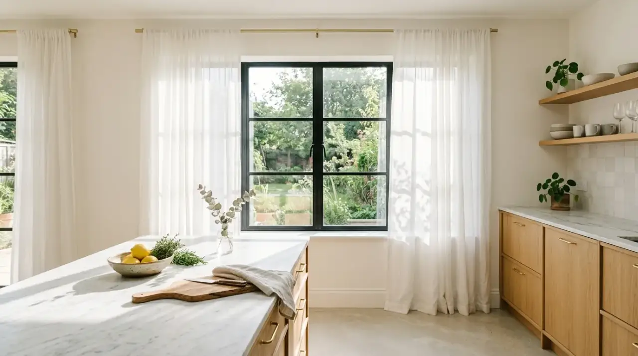 Stylish kitchen window treatment bringing better light control and privacy.