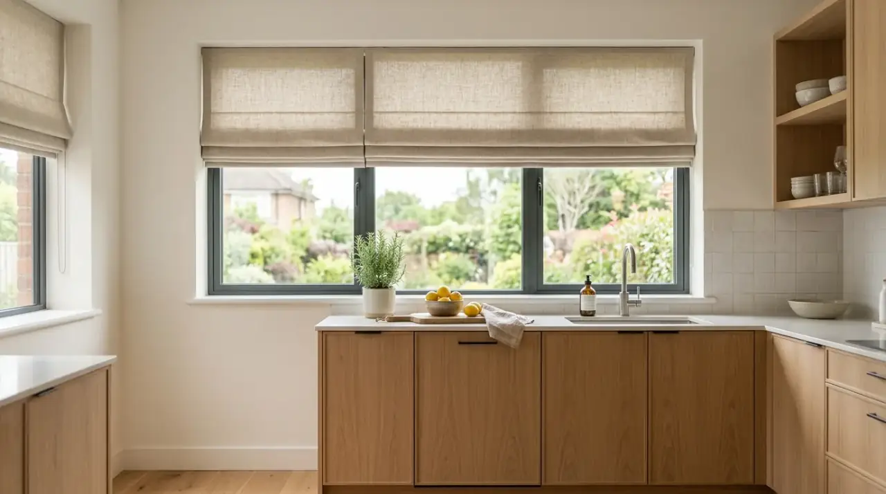 Roman shade kitchen window. Structured fabric treatment adding polish and privacy to the kitchen.