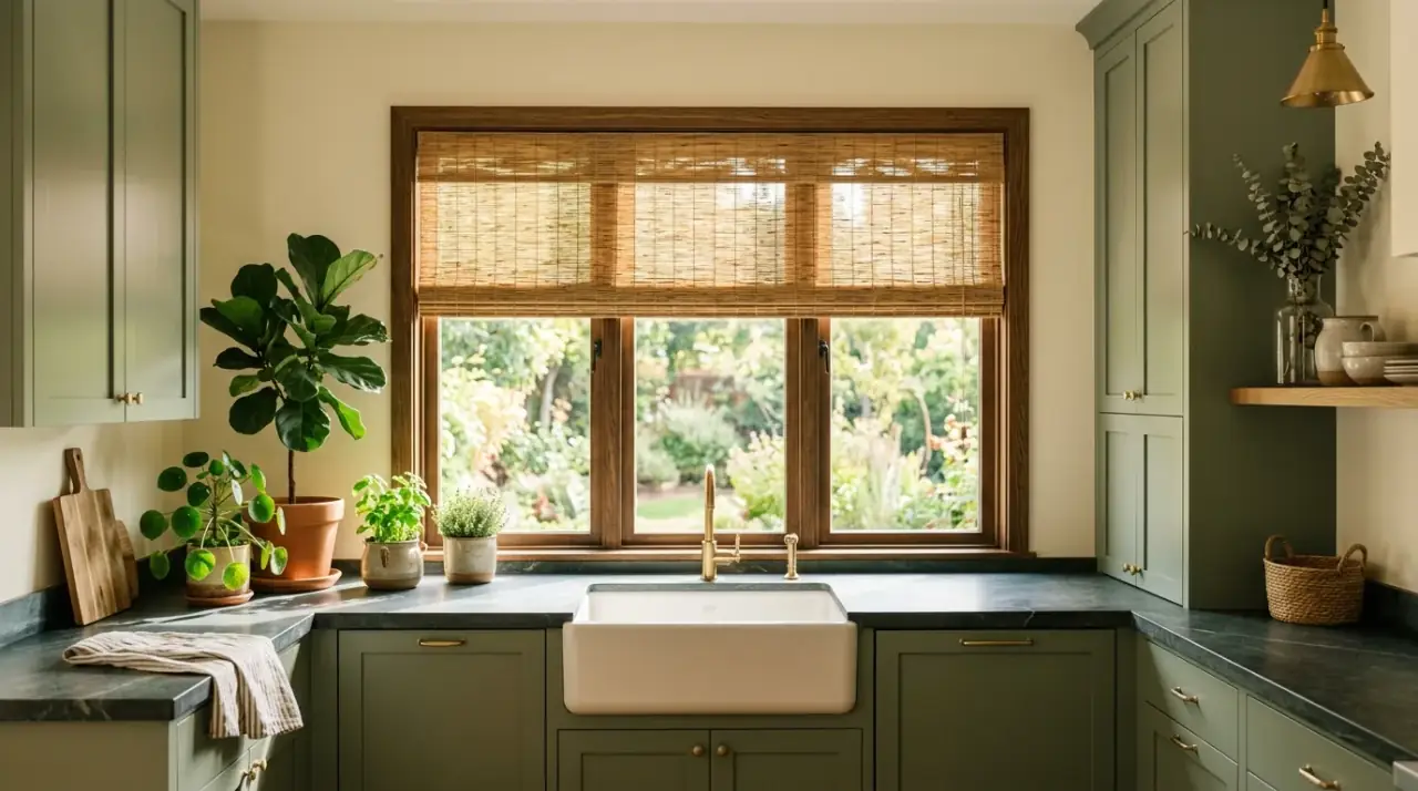 Woven shades kitchen. Natural-texture window covering softening the light in a warm kitchen.