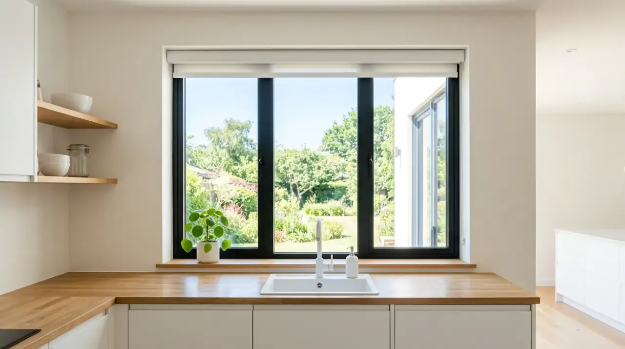 Linen curtains in kitchen. Soft airy fabric panels adding movement and warmth to the window.