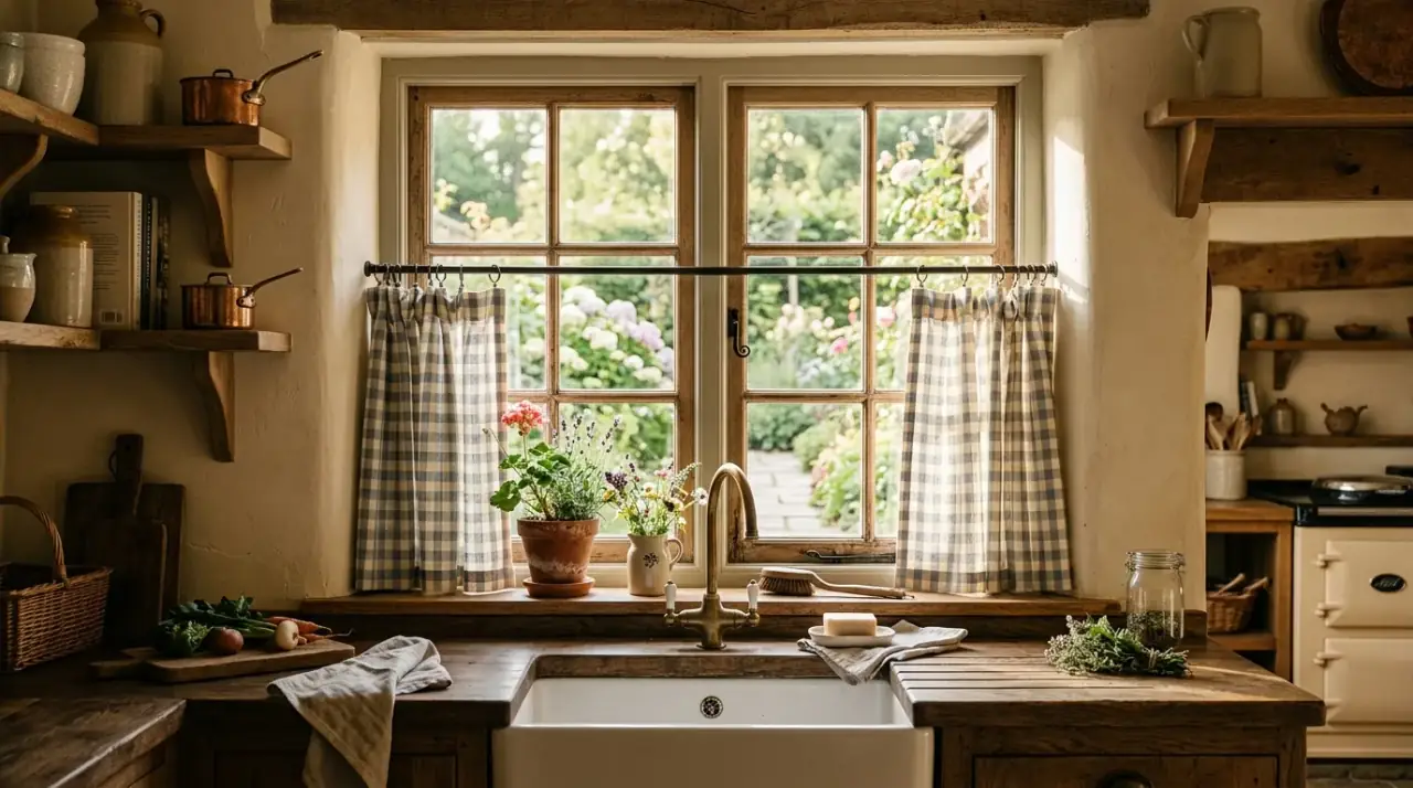 Patterned kitchen window treatment. Subtle fabric pattern adding personality without darkening the kitchen.