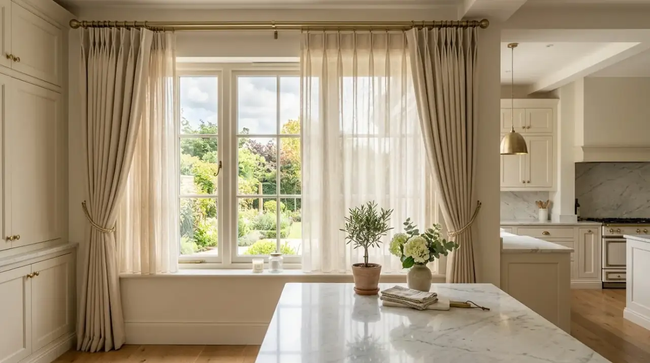 Kitchen valance treatment. Soft upper window detail adding warmth to a practical kitchen space.