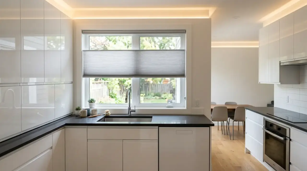 Roller shade kitchen window. Minimal window covering supporting a clean and modern kitchen look.