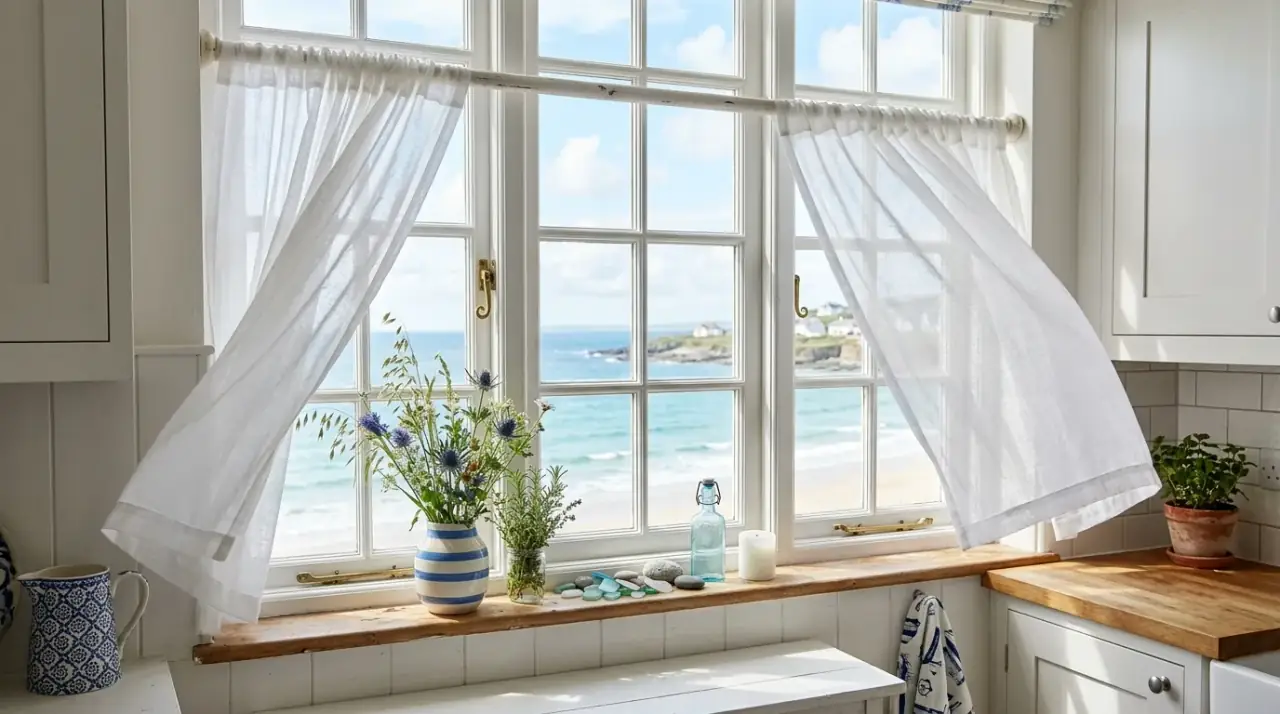 Tonal kitchen window treatment. Soft matching tones helping the window blend into the overall kitchen palette.