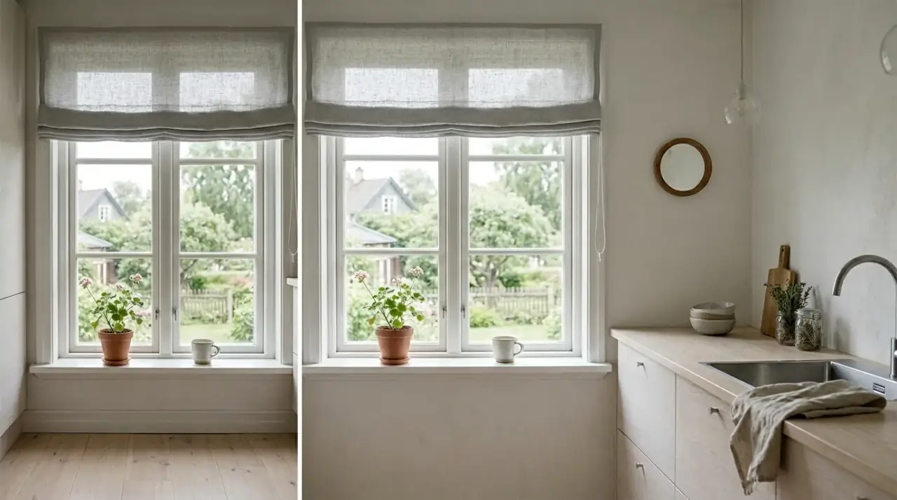 Privacy film kitchen window. Bare-looking window solution preserving light while improving privacy.
