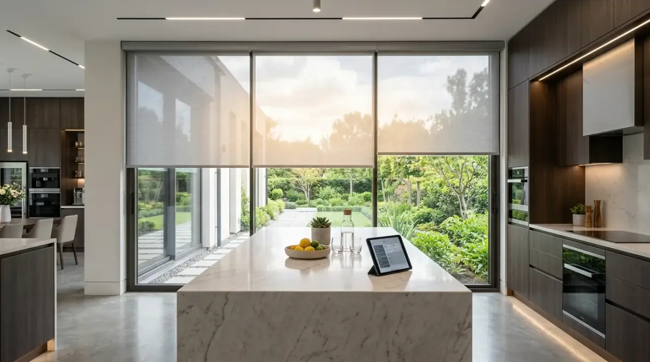 Practical kitchen window covering. Easy-care treatment suited for the splashes and steam of a kitchen.