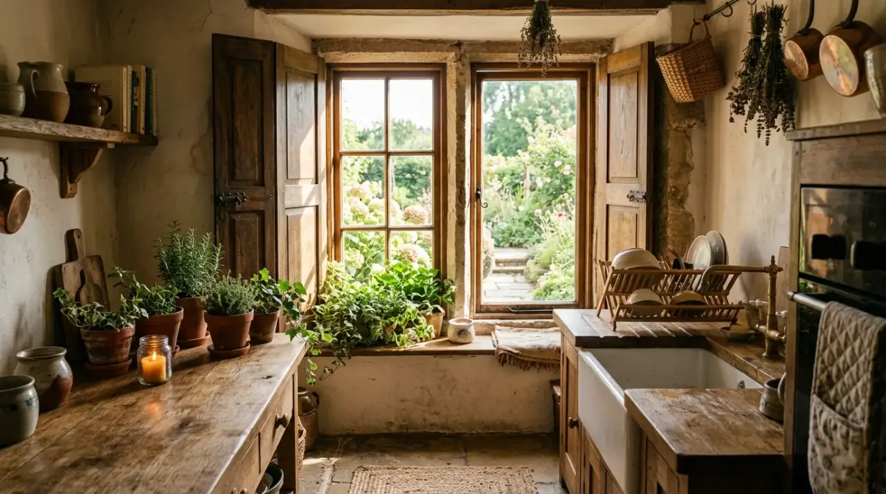 Lightly framed kitchen window. Subtle treatment preserving the view and openness of the kitchen.
