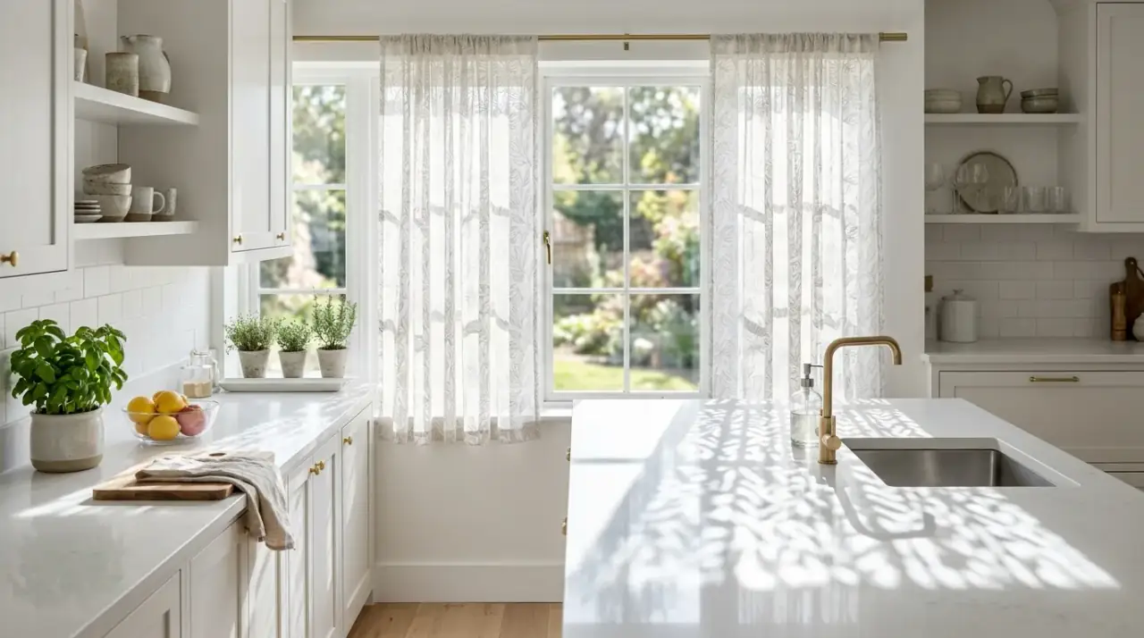 Kitchen window treatment overview. Balanced window design bringing light control, privacy, and style together.