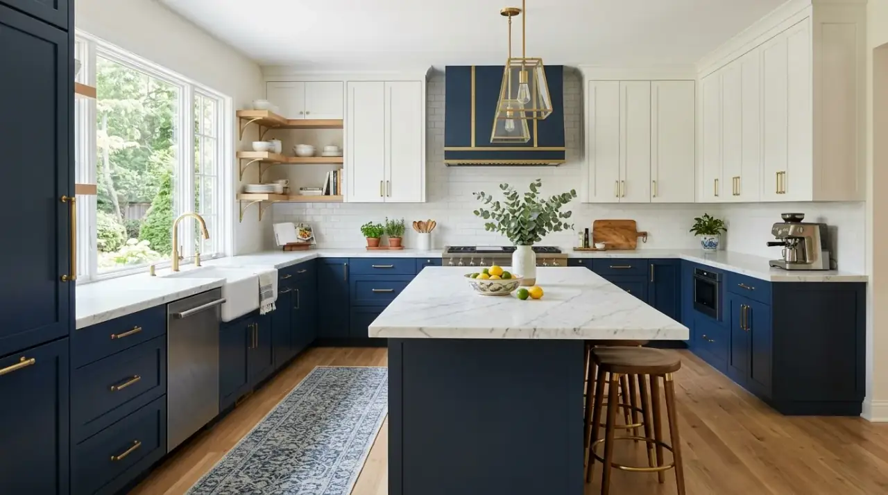 Stylish two-tone kitchen cabinets creating a custom layered kitchen look.