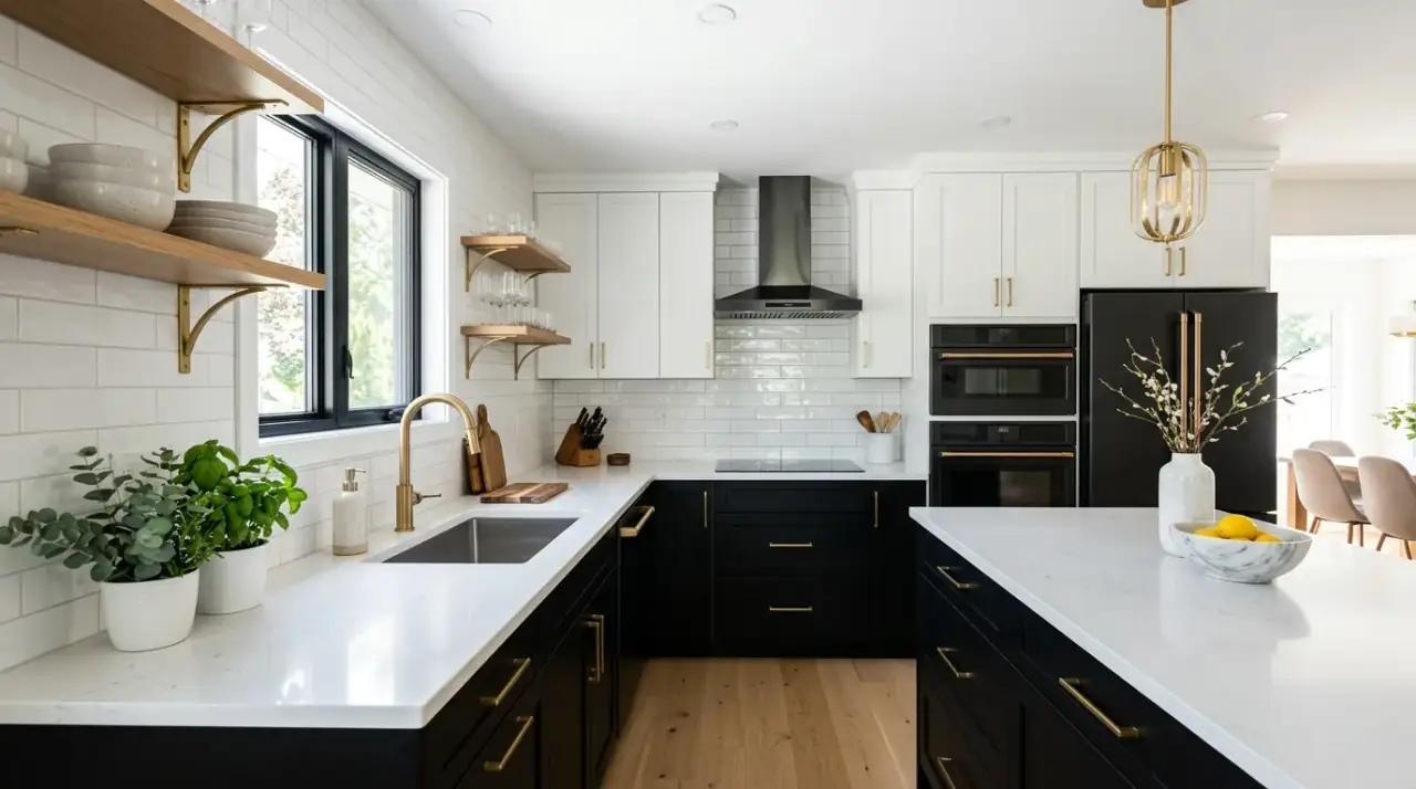 Greige and oak two-tone kitchen. Soft cabinet contrast creating a calmer custom modern kitchen look.