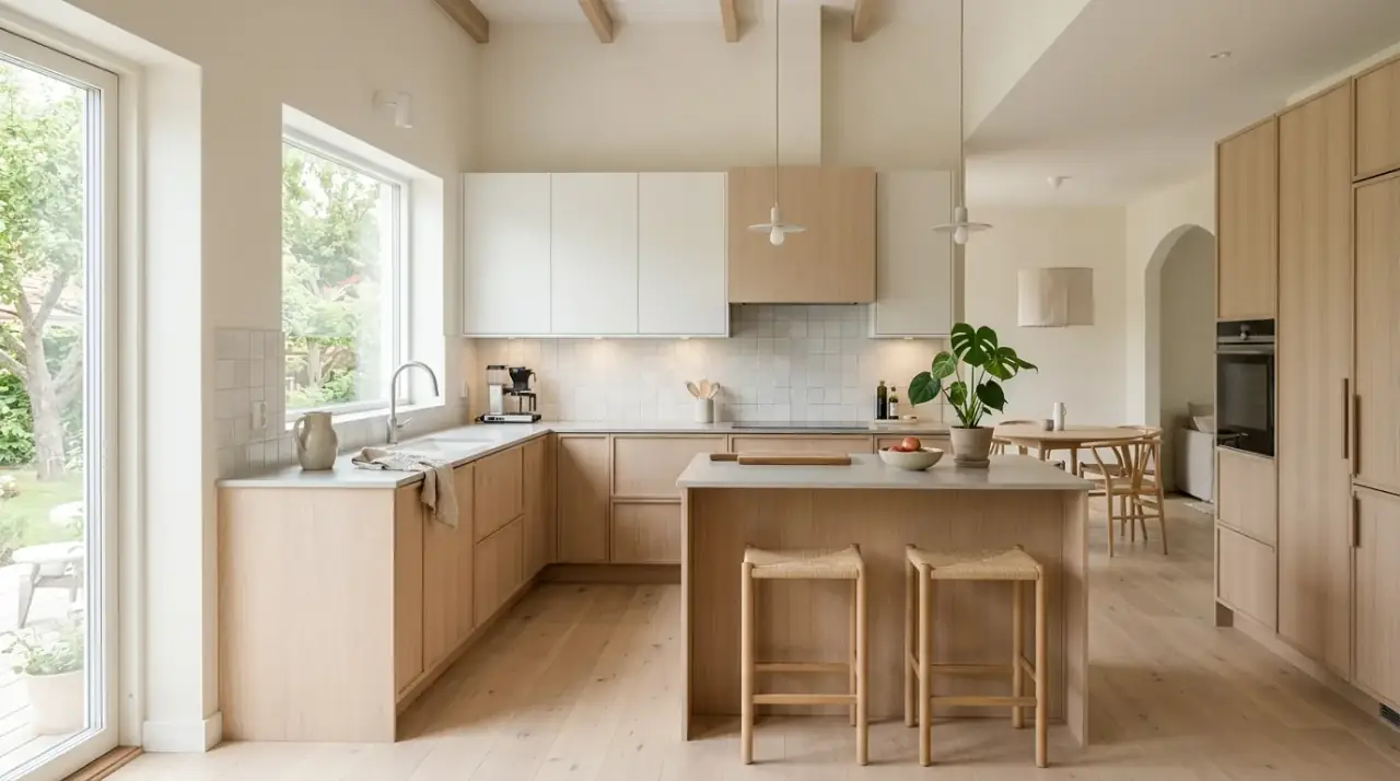 Black island light perimeter kitchen. High-contrast two-tone cabinetry creating a stronger custom focal point.