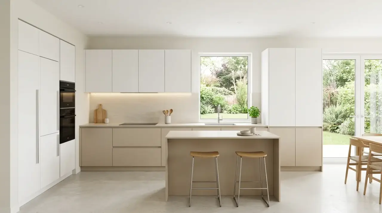 Backsplash in two-tone kitchen. Cohesive wall finish helping a custom cabinet palette feel more unified.