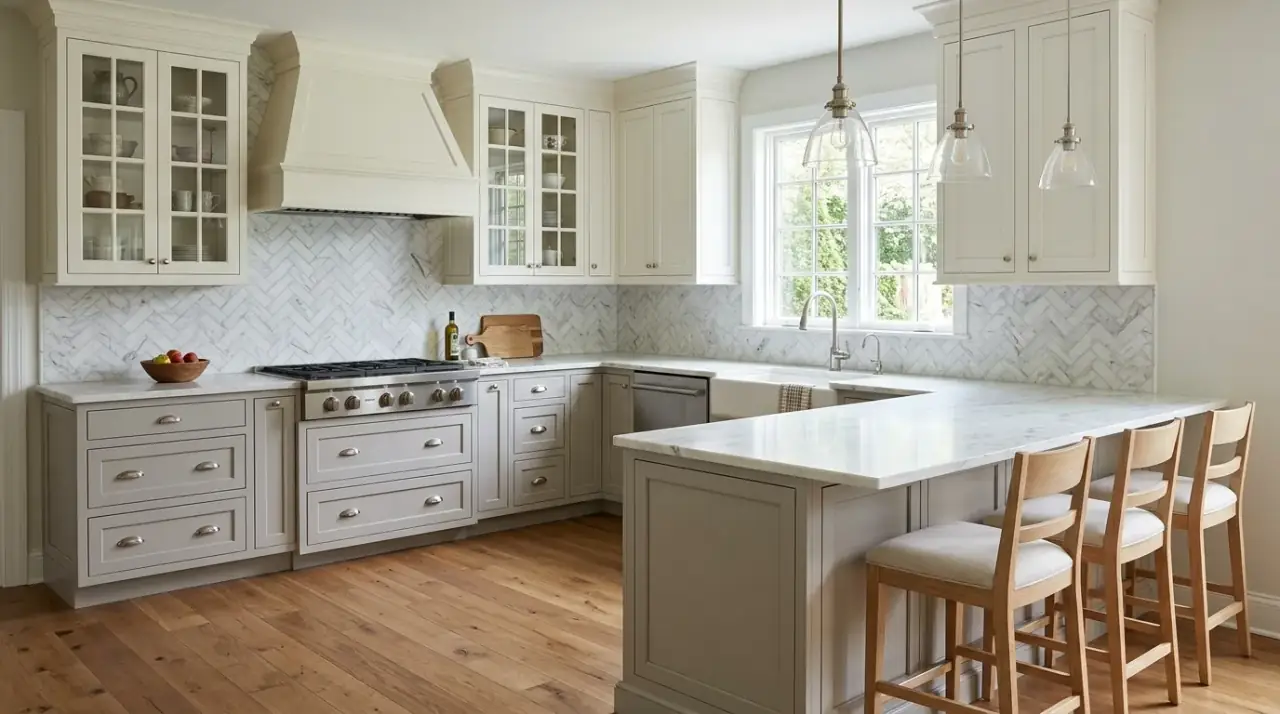 Zoned two-tone kitchen cabinets. Custom cabinet contrast helping define different parts of the kitchen.
