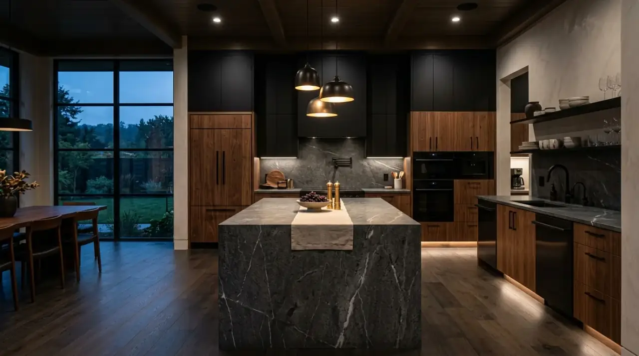 Disciplined two-tone cabinet palette. Limited cabinet finishes creating a cleaner and more custom kitchen look.