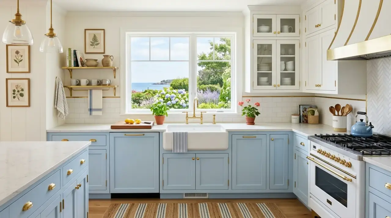 Light two-tone small kitchen. Smaller kitchen using cabinet contrast without losing openness.