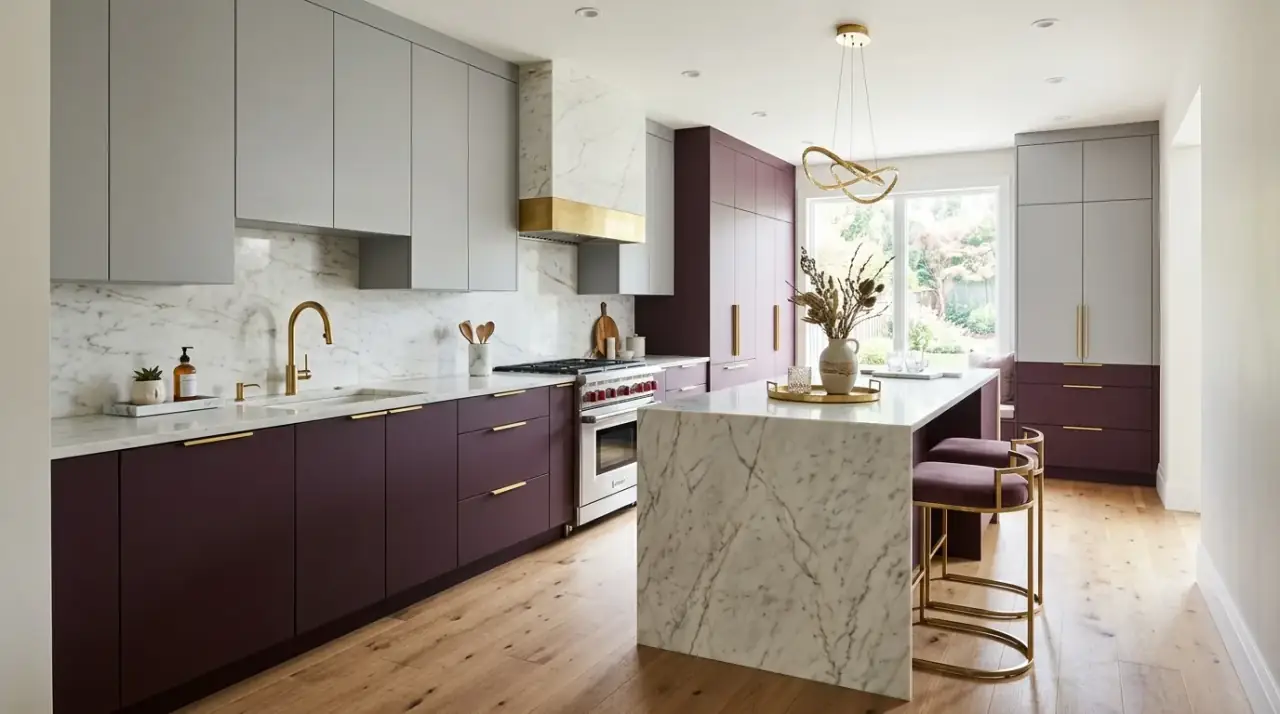 Lighting in two-tone kitchen. Warm illumination helping a custom cabinet palette feel richer and more balanced.