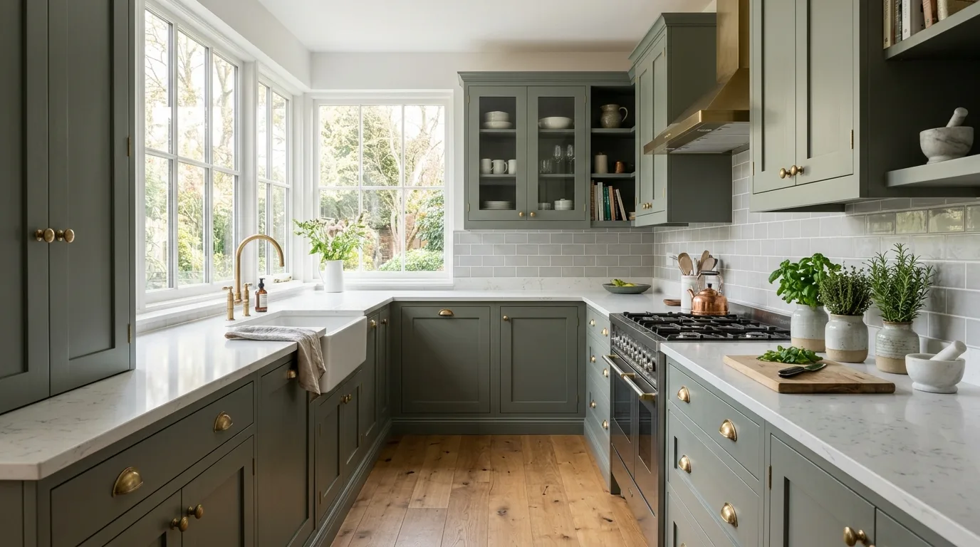 Soft pewter green shaker cabinets with quartz countertops, brass pulls, and gentle morning light.