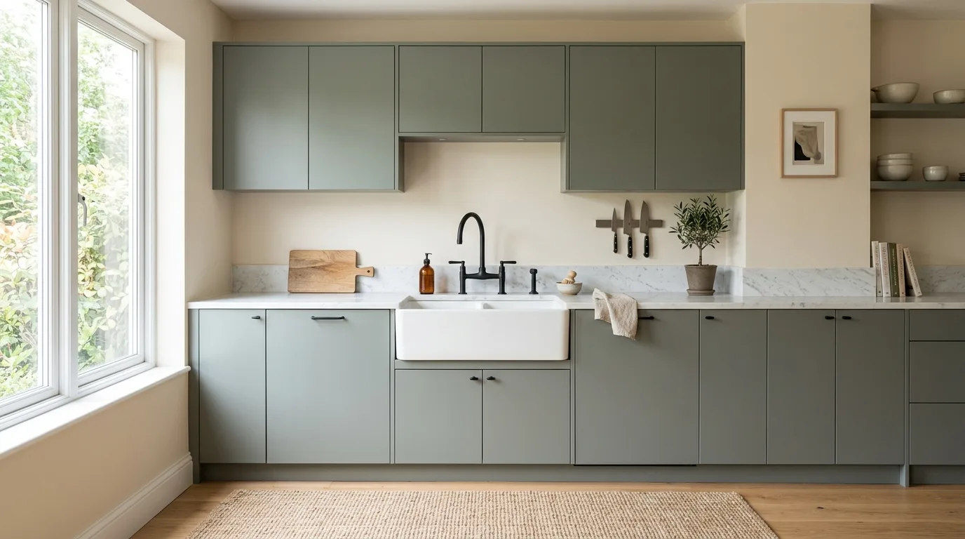 Muted pewter green flat-panel cabinets. White marble counters, farmhouse sink, and pale beige walls.
