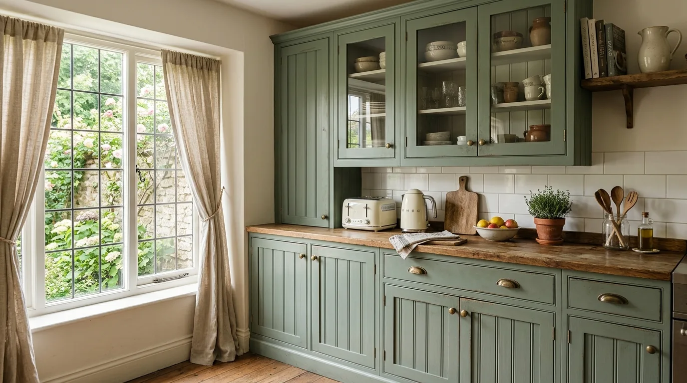 Dusty pewter green beadboard cabinets. Glass-front uppers, white ceramic tile, and linen curtains.