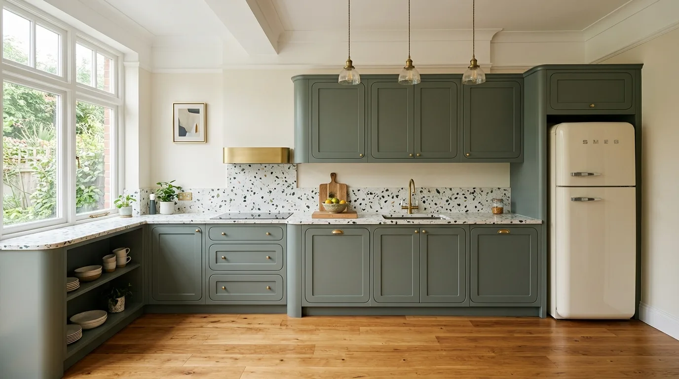 Elegant pewter green inset cabinets. Rounded corners, terrazzo counters, and brass pendant lights.