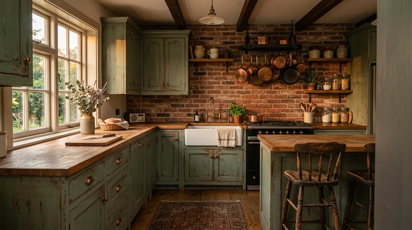 Rustic pewter green distressed cabinets. Butcher block counters, copper cookware, and exposed brick backsplash.