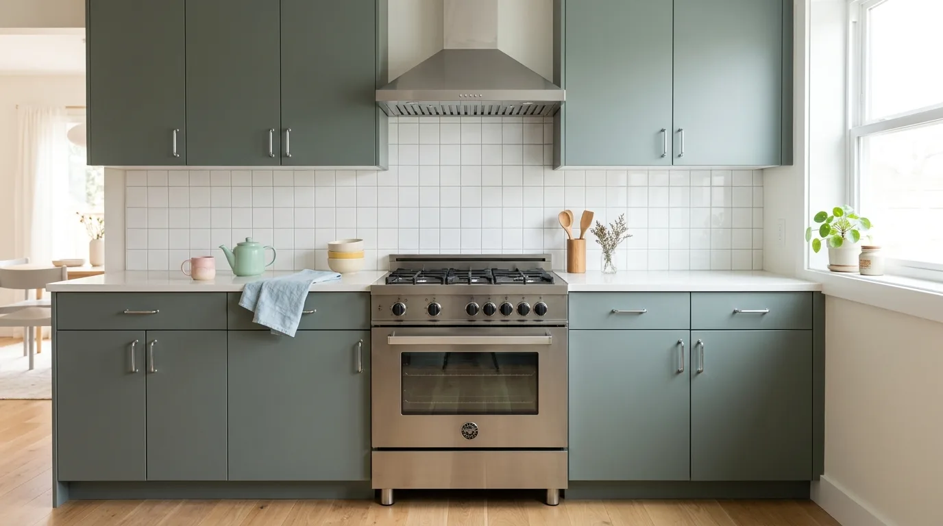 Matte pewter green slab cabinets. Chrome hardware, white tiled backsplash, and vintage stainless steel oven.