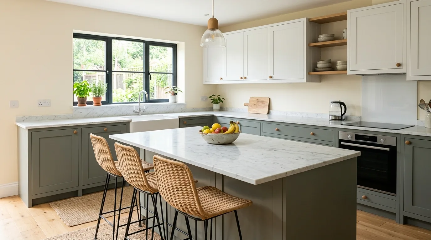 Pewter green lower cabinets with white upper cabinets. Marble island, rattan stools, and cream walls.