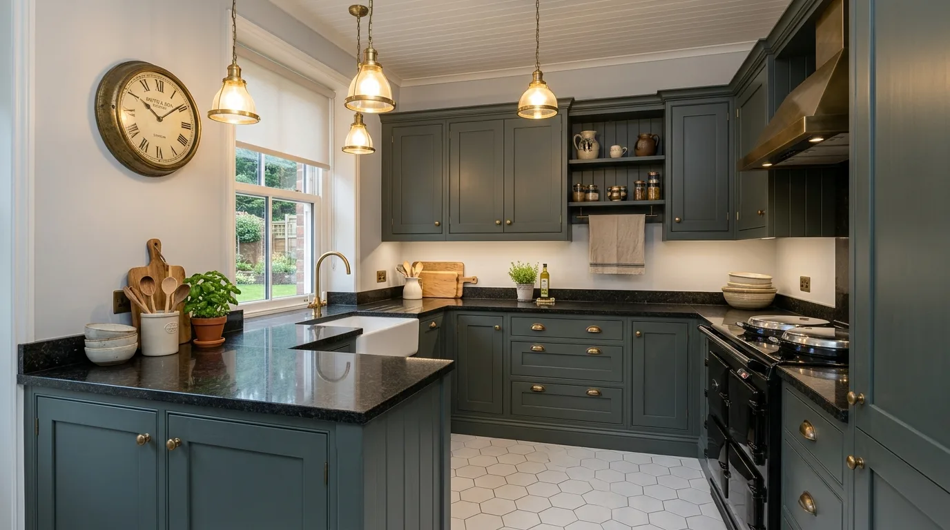 Classic pewter green kitchen cabinets. Dark granite countertops, hex floor tiles, and brass ceiling lights.