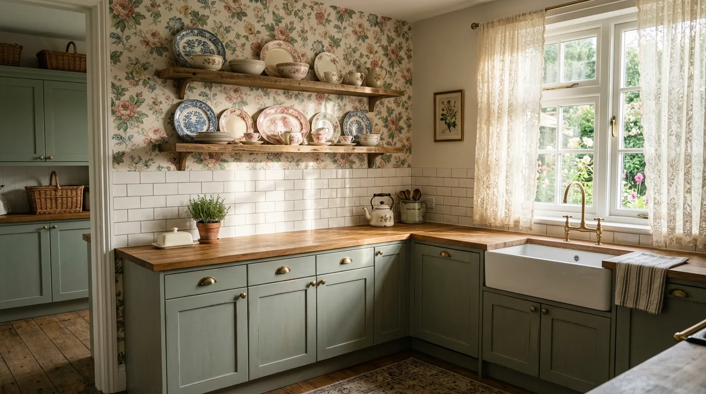 Soft pewter green cabinets with floral wallpaper. White tile backsplash, wood shelves, vintage dishes, and lace curtains.
