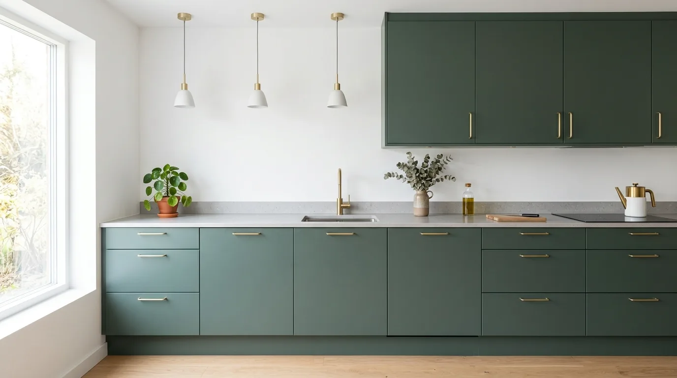 Minimal matte pewter green cabinets. Slim brass pulls, light stone counters, and white walls.