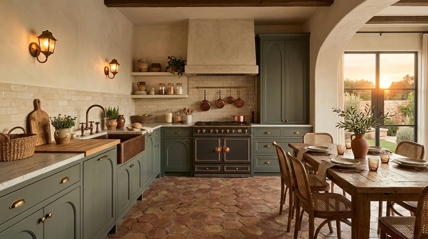 Pewter green cabinets with arched doors. Terracotta floors, beige backsplash, and antique wood table.