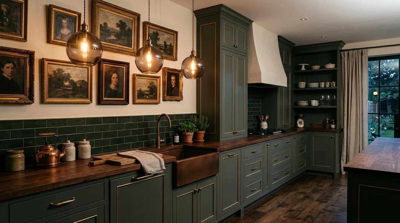 Deep pewter green cabinets with gold trim. Walnut counters, smoked glass pendants, and elegant moody lighting.