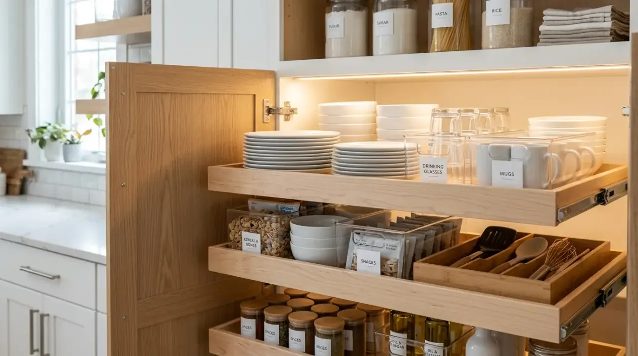 Tidy kitchen cabinet organization creating a clutter free and efficient cookspace.