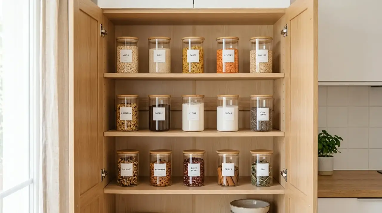 Shelf risers in kitchen cabinets. Tidy kitchen cabinet organization using shelf risers for extra height.