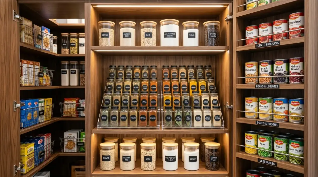 Kitchen cabinet bins. Cabinet organization using bins to keep similar items together.