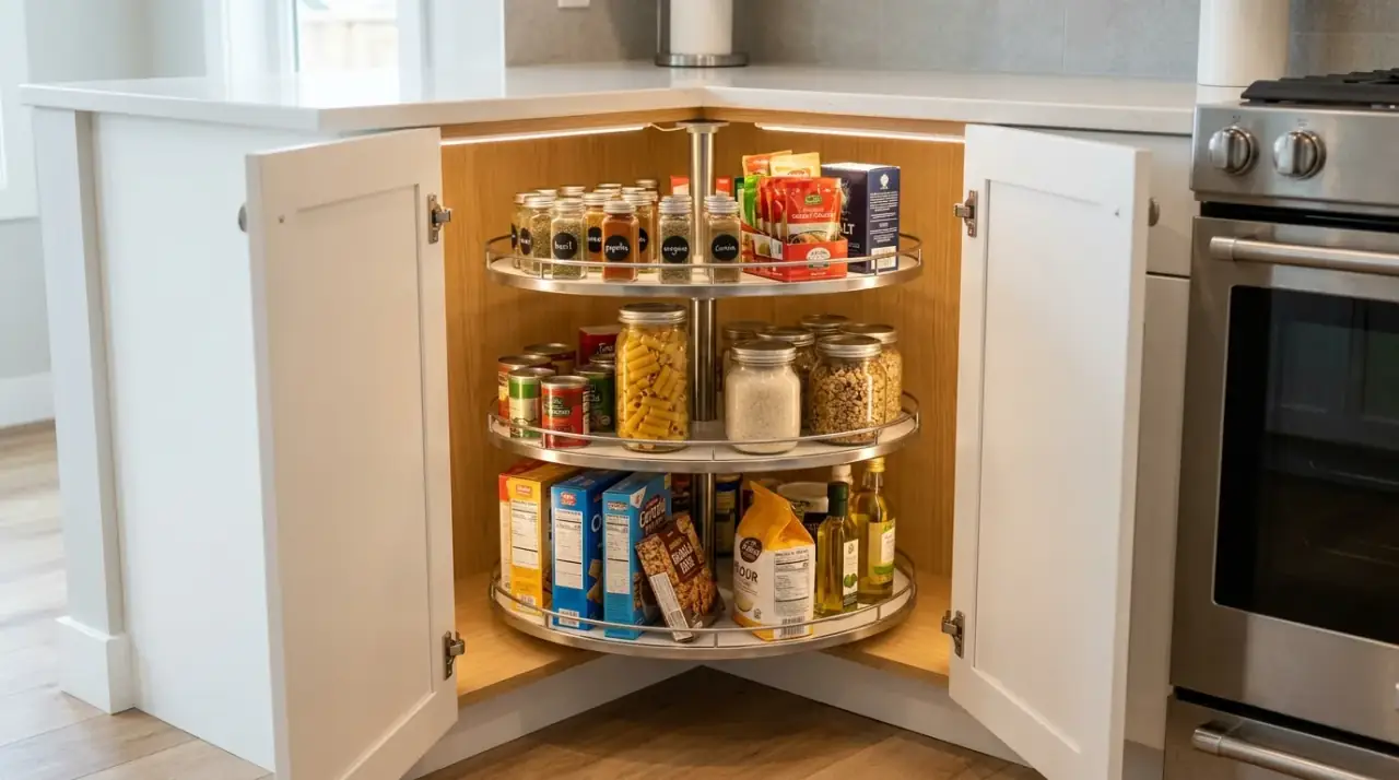 Serving ware cabinet organization. Clutter free kitchen cabinet storage separating special and everyday dishes.