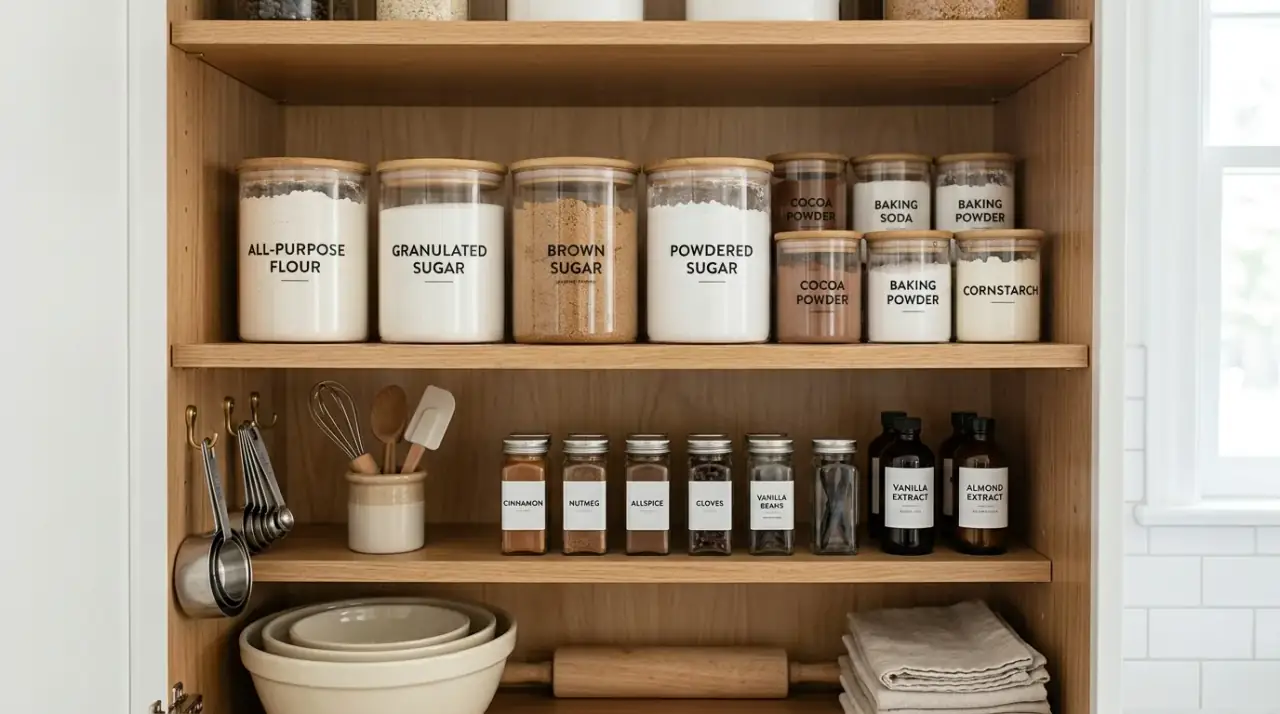 Labeled cabinet organization. Clutter free kitchen cabinet setup with labeled zones and bins.