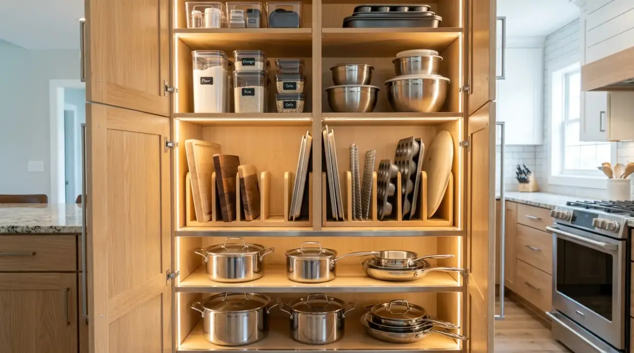 Backstock cabinet shelf. Tidy cabinet organization with a separate shelf for backup supplies.