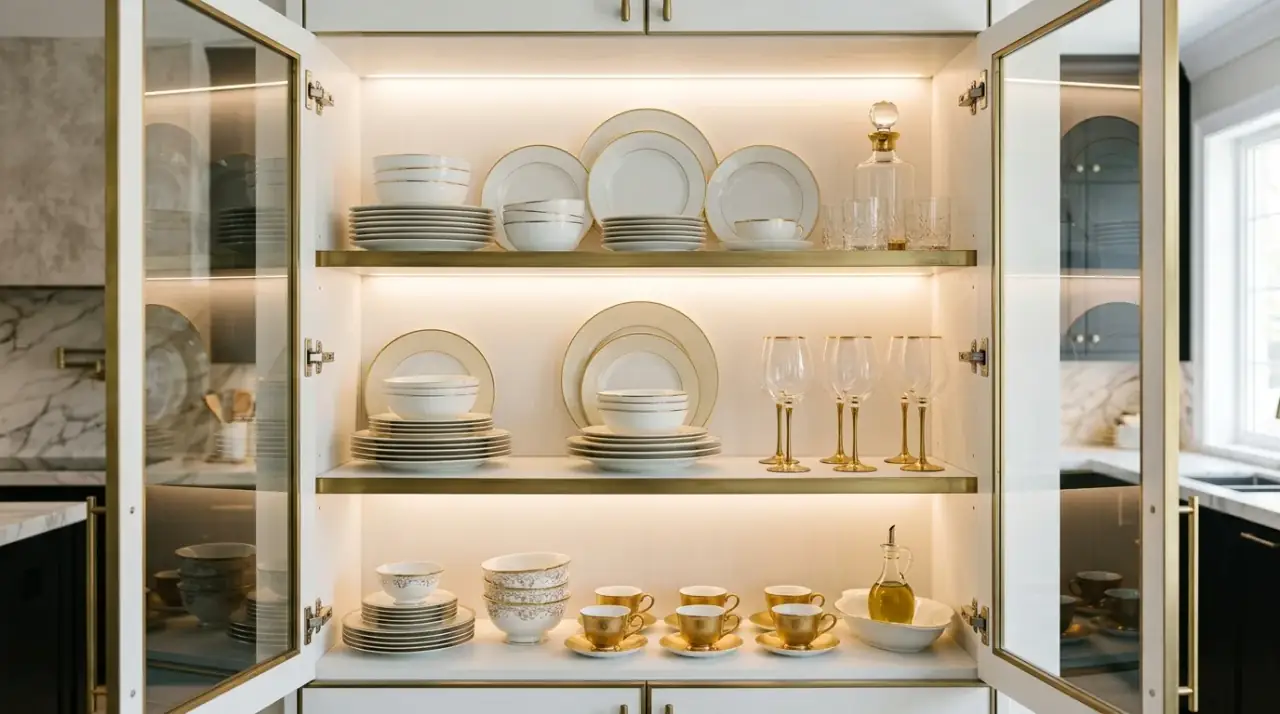 Vertical organizer kitchen cabinet. Cabinet organization using vertical storage for trays and lids.
