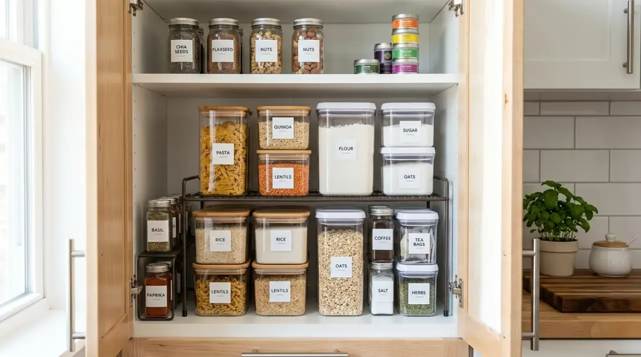 Declutter before organizing cabinets. Clutter free kitchen cabinets after editing excess items.