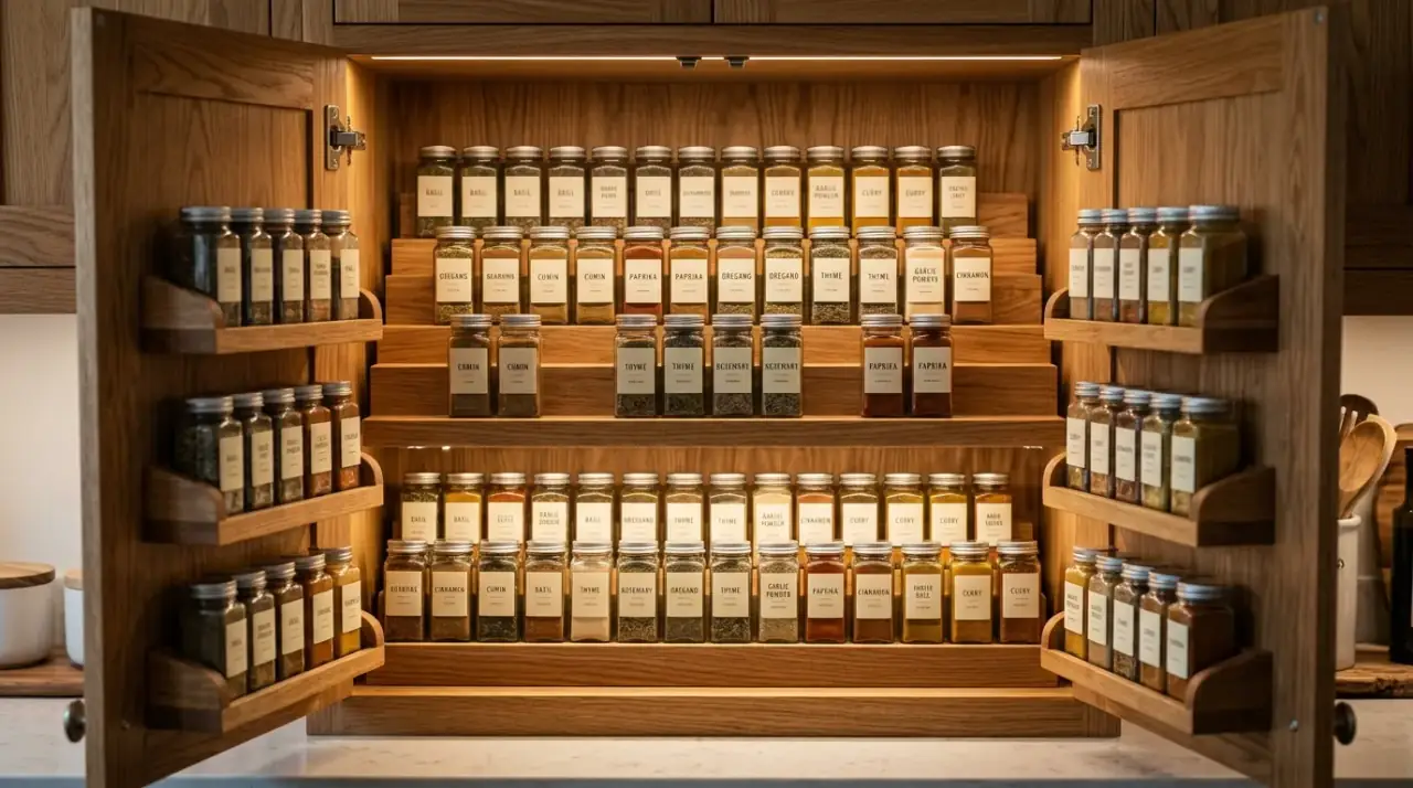 Matching containers in cabinets. Tidy cabinet organization with selectively matched storage containers.