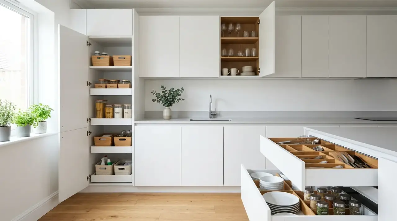 Kitchen cabinet reset. Clutter free cabinet organization maintained with regular quick resets.