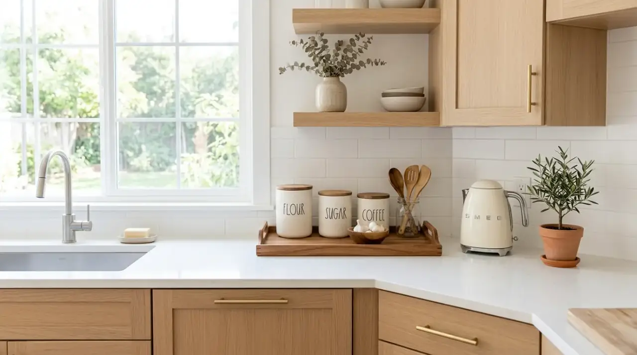 Tidy small kitchen counter organization creating a clutter free and more usable zone.