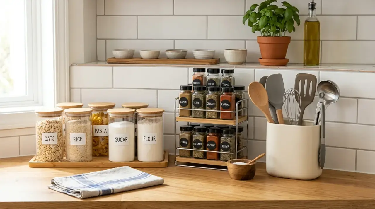 Tray on small kitchen counter. Tidy small kitchen counter organized with one simple tray.